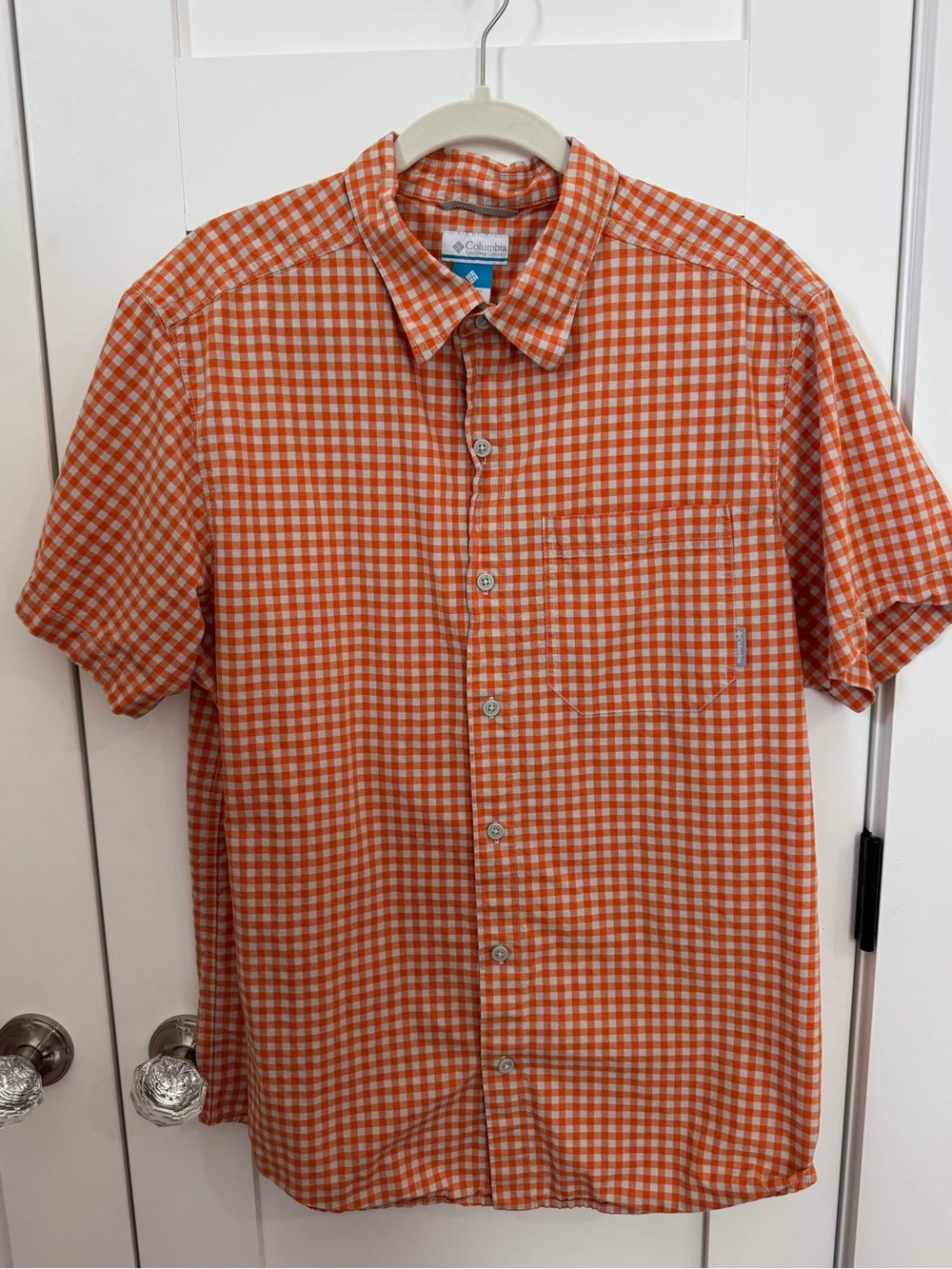 Columbia Men's Orange Gingham Short-Sleeve Button-Up Shirt size L